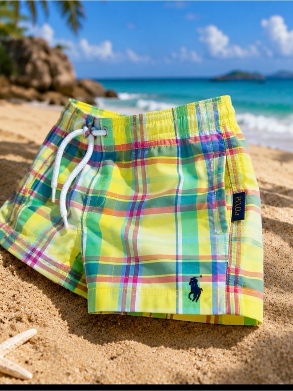 Polo by Ralph Lauren Yellow Plaid Swim Shorts with White Drawstring size 3 T